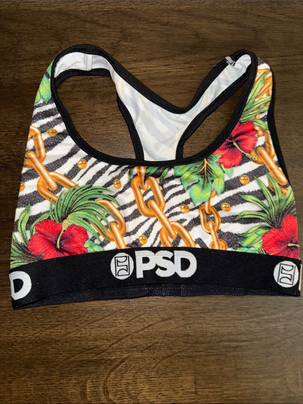 PSD Floral Chain Print Racerback Swim Sports Bra - Black, Red, Green, Gold